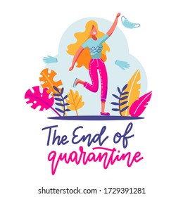 Happy woman runing into nature and jumping with hands up surrounded with potective mask, gloves, which are no longer needed. End of quarantine epidemic Covid-19 concept. Flat vector illustration