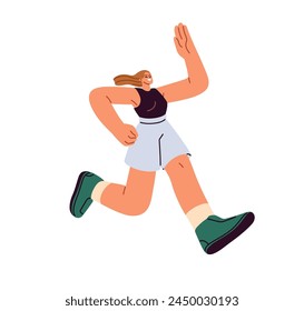 Happy woman running fast. Active smiling excited female character exercising endurance. Energetic joyful girl rushing, jogging, sprinting. Flat vector illustration isolated on white background