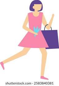 Happy woman running joyfully with a shopping bag filled with flowers, radiating excitement and delight during a vibrant shopping spree, embodying the essence of retail therapy