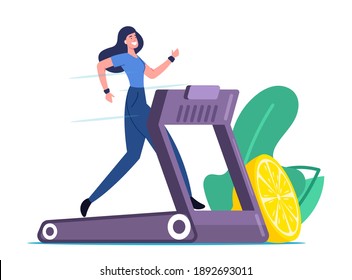 Happy Woman Running on Treadmill with Lemon nearby. Athletic Girl Exercising on Treadmill to be Slim. Fitness, Healthy Eating, Activity and Lifestyle. Active Sport Life Cartoon Vector Illustration