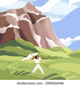 Happy woman running in solitude in nature. Person walking outdoors with summer wind. Landscape with female in field with mountain cliff. Serenity and inspiration concept. Flat vector illustration