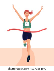 Happy woman runs to the finish line first. Front view. A girl wins a run race. The winner. The concept of leadership or healthy lifestyle. Vector isolated flat illustration