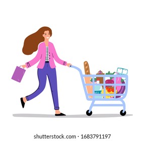 Happy woman runs with shopping cart full of groceries in the supermarket. Easy Shopping online concept. Vector illustration in cartoon style