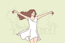 Happy Woman Runs Through Park In White Flowing Dress And Enjoys Warm Summer Weather. Young Beautiful Lady With Long Hair Rejoices In Walk And Hot Spring Day. Flat Vector Illustration