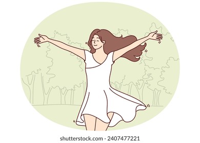 Happy woman runs through park in white flowing dress and enjoys warm summer weather. Young beautiful lady with long hair rejoices in walk and hot spring day. Flat vector illustration