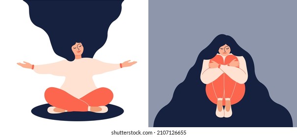 Happy woman and sad woman. First person sits in lotus pose and open her arms.  Second sits in closed pose with bowed head. Different mood, mental health concept. Bad and good thoughts. 