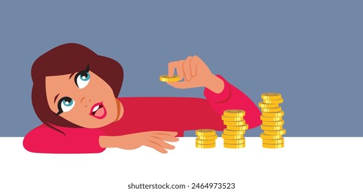 
Happy Woman Saving Money Being Financially Responsible Vector Cartoon. Financial savvy girl saving for the future being a good planner 
