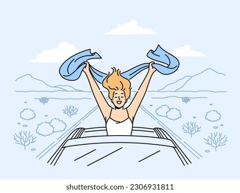 Happy woman with scarf riding in cabriolet car in desert. Smiling girl enjoy automobile drive with open roof. Freedom and summertime. Vector illustration. 