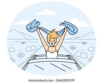 Happy woman with scarf riding in cabriolet car in desert. Smiling girl enjoy automobile drive with open roof. Freedom and summertime. Vector illustration.