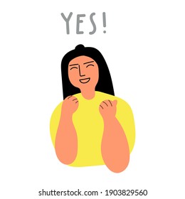 Happy woman screaming - yes! Hand drawn vector illustration on white background. 