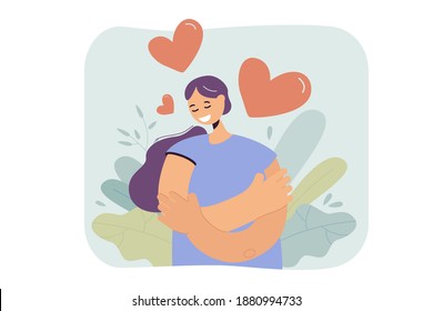 Happy woman self hugging flat vector illustration. Cartoon positive girl in blue shirt holding or embracing herself and smiling. Self-esteem, confidence and love concept