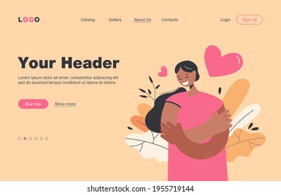 Happy woman self hugging flat vector illustration. Cartoon positive girl in blue shirt holding or embracing herself and smiling. Self-esteem, confidence and love concept