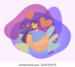 Happy woman self hugging flat vector illustration. Cartoon positive girl in blue shirt holding or embracing herself and smiling. Self-esteem, confidence and love concept