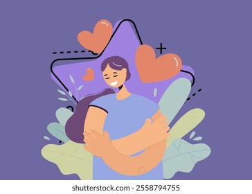 Happy woman self hugging flat vector illustration. Cartoon positive girl in blue shirt holding or embracing herself and smiling. Self-esteem, confidence and love concept