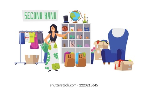 Happy woman selling old clothes and furniture at garage sale, flat vector illustration isolated on white background. Flea market and second hand shop scene.