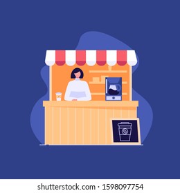 Happy woman sells coffe in stall at Christmas fair. Coffee shop, winter fair, seasonal shopping concept for banner. Vector illustration in flat design.