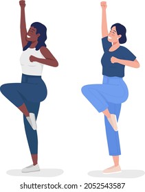 Happy woman semi flat color vector character set. Standing figure. Full body person on white. Activity isolated modern cartoon style illustration for graphic design and animation kit