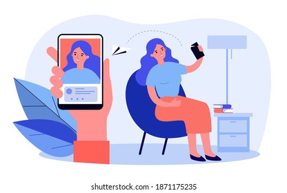 Happy woman sending selfie to friend. User taking and sharing self picture flat vector illustration. Online communication, social media concept for banner, website design or landing web page