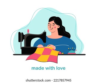 Happy woman sewing patchwork. Seamstress at her workplace with sewing machine. Vector illustration for Cutting and sewing courses. Made with love