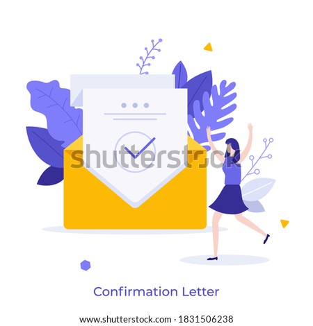 Happy woman and sheet of paper with green check mark inside envelope. Concept of confirmation, acceptance or approval letter, verification. Modern flat colorful vector illustration for banner, poster.