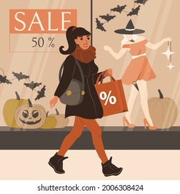 Happy woman shopaholic makes pre-holiday purchases while walking near store showcase with shopping bags. Big Halloween sales. Flat vector illustration