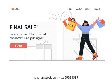 Happy woman shopaholic with shopping bags is going from shop, final sale. Concept vector illustration in flat style on white background for banner, landing page, mobile app, web design.