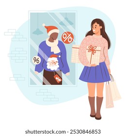 Happy woman shopper with packages and gift near showcase New Year store. Mannequin in hat and festive Christmas ugly sweater with Santa with tag sale. Holiday shopping. Vector illustration