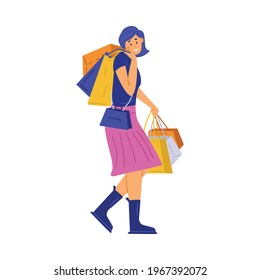 Happy woman shopper shopaholic hold lot bags with purchases in hands. Smiling female buyer enjoy shopping with sale and discounts in retail shops. Flat vector isolated illustration