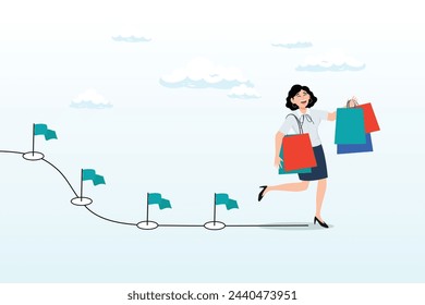 Happy woman shopper walking with purchased shopping bags on the journey, customer journey, advertising and marketing analysis from search until purchasing or buy, consumer or user experience (Vector)
