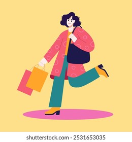 Happy Woman Shopper Walking in Warm Clothes with Paper Bags in Hand. Black Friday. Female Customer, Consumer, Buyer. Modern Girl in Wearing Fashion Outerwear. Flat Vector Illustration.