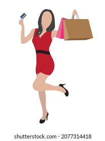 Happy woman with shopping bags and credit card. Isolated vector