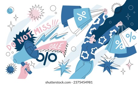 Happy woman with shopping bags in her hands, loudspeaker announces final sale and major discounts on goods. Coupon or advertising design for a store. Vector illustration in cartoon style isolated.