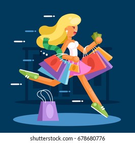 Happy woman with shopping bags hurry to make purchases. Flat style vector illustration