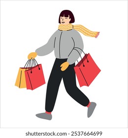 Happy woman with shopping bags illustration. Winter and Christmas sale.	