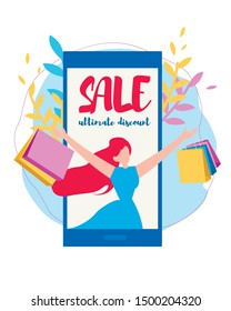 Happy Woman with Shopping Bags in Mobile Phone Screen Flat Cartoon Banner Vector Illustration. Doing Purchases via Internet. Woman Character Buying. Sale and Ultimate Discount Advertisement.