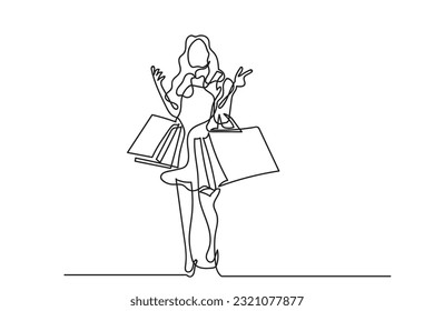 happy woman with shopping bags.happy woman getting shopping discount.vector continuous line