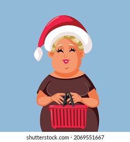 Happy Woman with Shopping Basket for Christmas Vector Illustration. Cheerful shopper with grocery store basket on sale season
