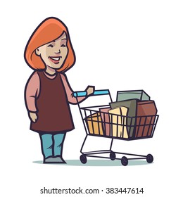 happy woman with shopping basket, sale, shopping, cartoon character, vector illustration