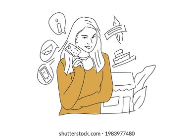 happy woman shopping with card payment Hand drawn minimalist vector Illustration  for presentation, website, mobile and print. svg