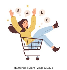 Happy woman in a shopping cart. Sale concept. Female is shopping. Flat illustration.