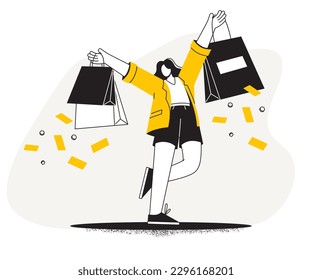 Una mujer feliz con compras. Una chica con bolsas gasta dinero. Venta, Black Friday, cuotas