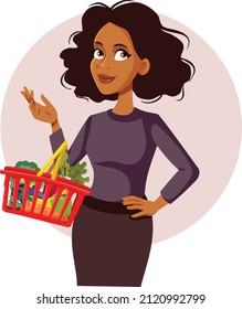 
Happy Woman Shopping for Groceries Vector Cartoon Illustration. Shopping woman with basket full of fruits and vegetables
