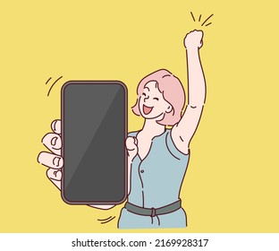 Happy woman showing at blank screen mobile phone and hand gesture success for win money reward. Hand drawn in thin line style, vector illustrations.