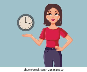 
Happy Woman Showing A Clock Vector Cartoon Illustration. Teacher Poring To A Timer During Exam Or Oral Presentation
