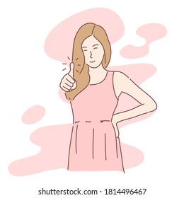 Happy woman showing gesture with thumb up. Hand drawn character style vector.