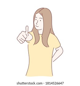 Happy woman showing gesture with thumb up. Hand drawn character style vector.