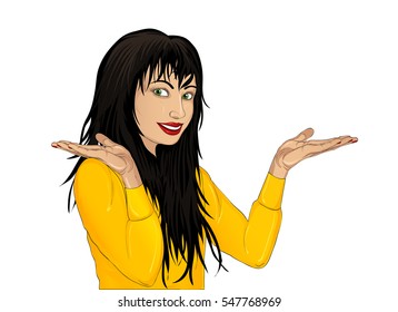 Happy woman showing a gesture with two hands at empty copy space white background. Open palm. Wow. Vector illustration. Pop art style