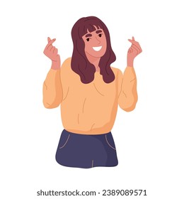Happy woman showing mini heart hand sign with two crossed fingers. Smiling girl making Korean heart shape. People affection, care concept. Flat vector illustration isolated on white background