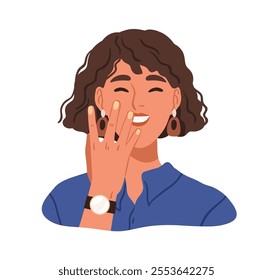 Happy woman showing neat nails, fingers with modern manicure. Smiling female character after fingernail care, polish. Elegant beautiful girl. Flat vector illustration isolated on white background