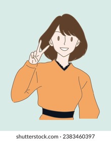 Happy woman showing number two, second place, letter V with fingers, v-sign symbol, victory, cheer up  hand gesture. Hand drawn flat cartoon character vector illustration.